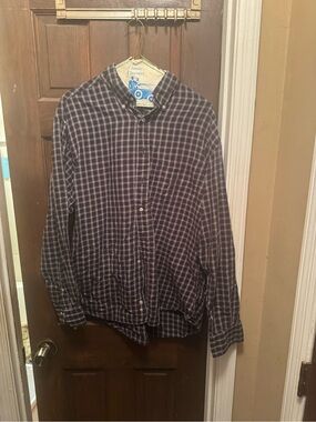 Men's Large Button-Down Plaid Shirt - Navy/Gray